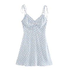 Light Blue Floral Print Bodycon Ruffle Trim Spaghetti Strap Mini Dress