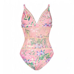 Florida Keys Light Pink Floral Print Embroidered Spaghetti Strap One Piece Swimsuit