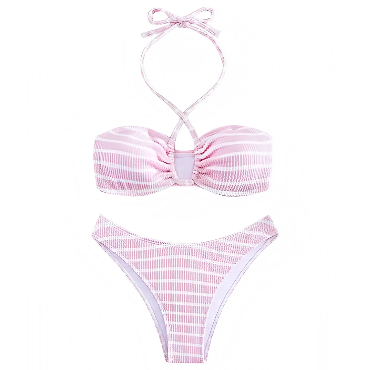 Light Pink & White Striped Bandeau Halter Ribbed 2 Piece Bikini Set