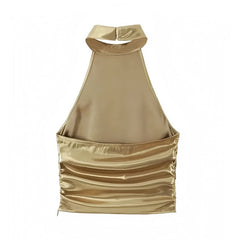 Gold Metallic Slim Fit Backless Halter Crop Tank Top