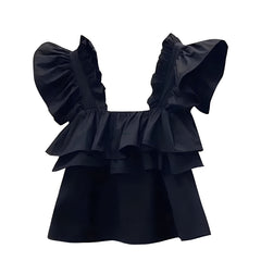 Black Ruffle Trim Tiered Spaghetti Strap Camisole Tank Top