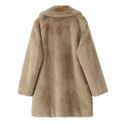 Khaki Teddy Faux Fur Long Over Coat Jacket