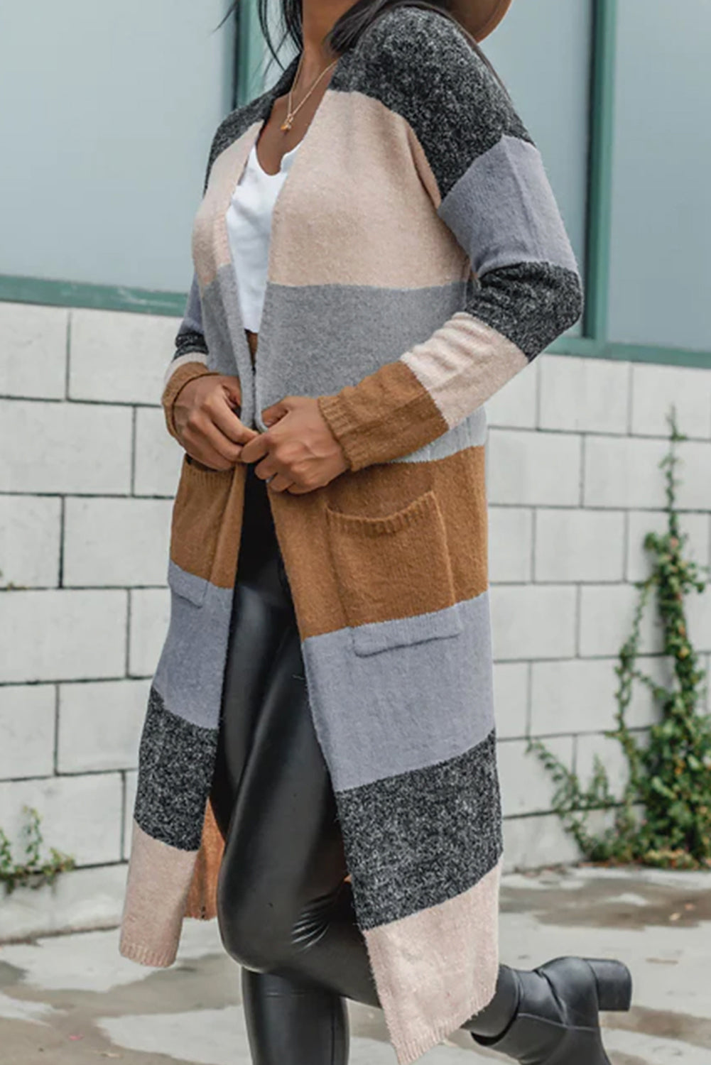 Colorblock Open Front Long Cardigan