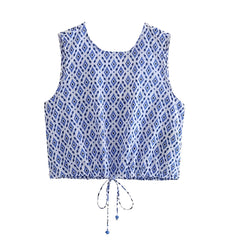 Asos Blue & White Patterned Slim Fit Sleeveless Crop Top