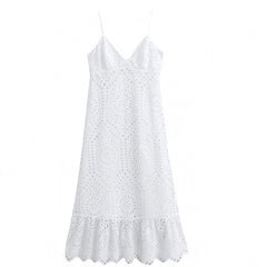 White Eyelet Embroidered Bodycon Ruffle Trim Spaghetti Strap Backless Maxi Dress