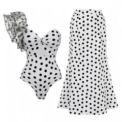 Black & White Polka Dot Ruffle Trim Puff Sleeve One Piece Swimsuit & Cover Skirt