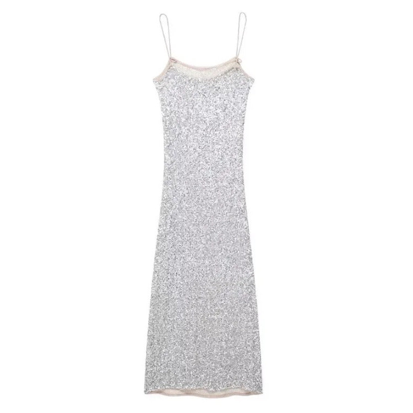 Silver Glitter Spaghetti Strap Bodycon Maxi Dress
