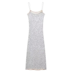 Silver Glitter Spaghetti Strap Bodycon Maxi Dress