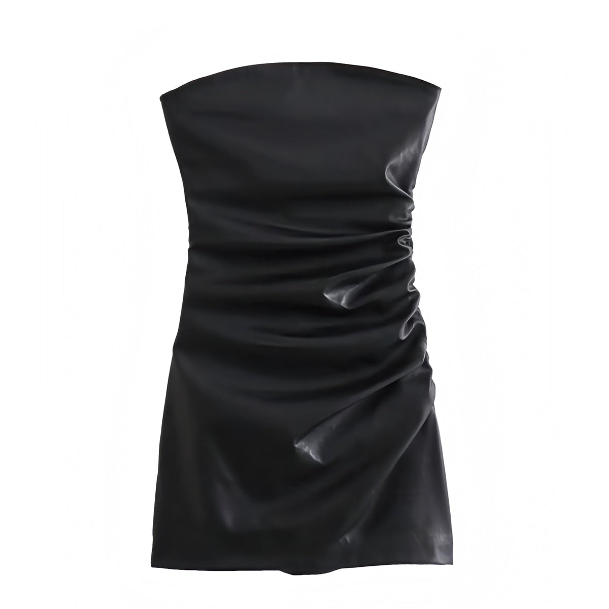 Black Faux Leather Bodycon Slim Fit Ruched Strapless Mini Dress