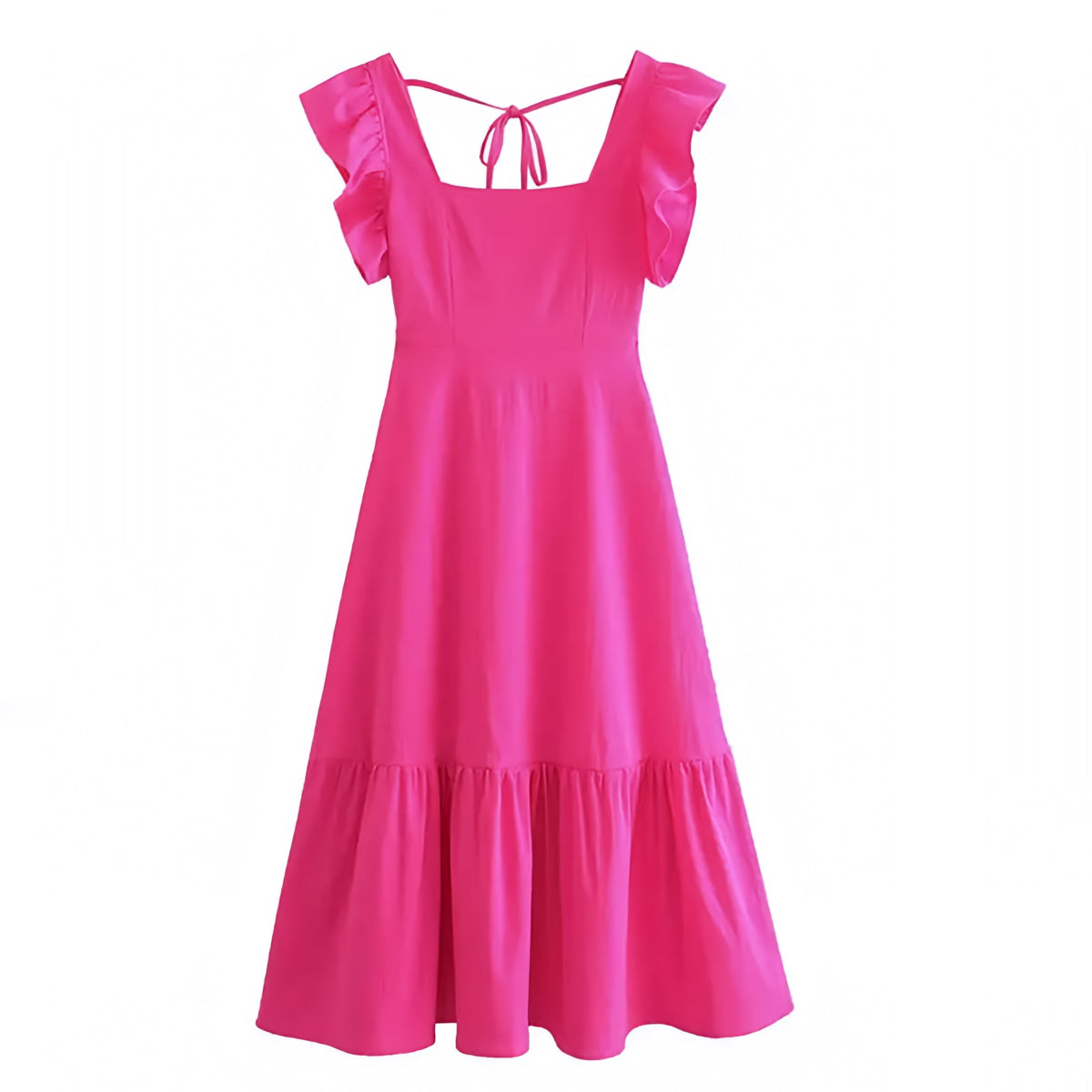 Hot Pink Bodycon Ruffle Trim Puff Sleeve Backless Tiered Maxi Dress