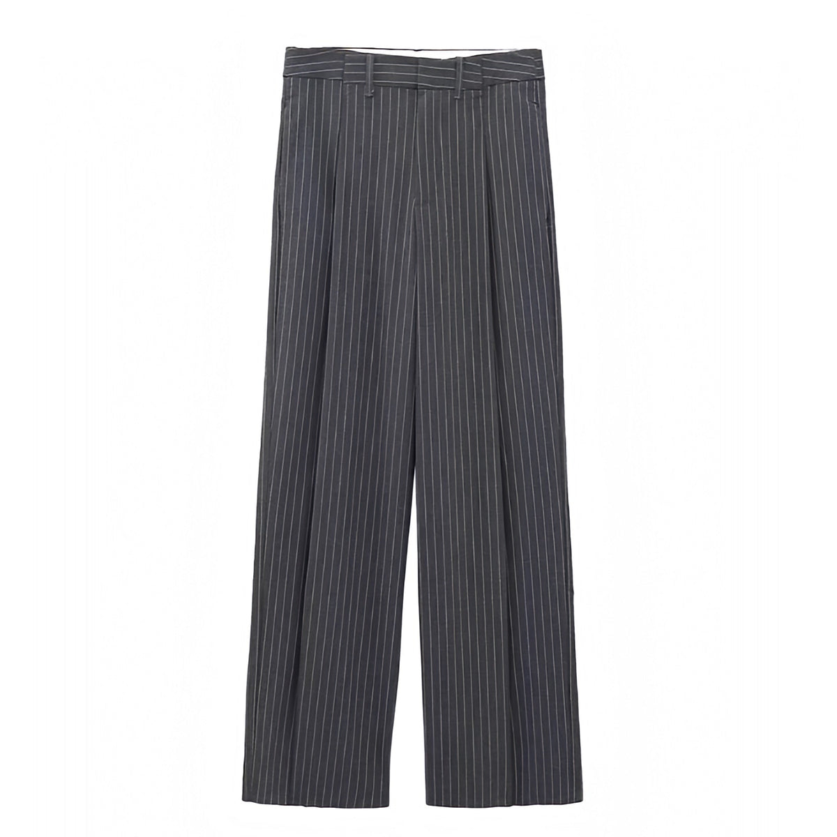 Dark Grey Pinstriped Mid-Rise Trouser Pants