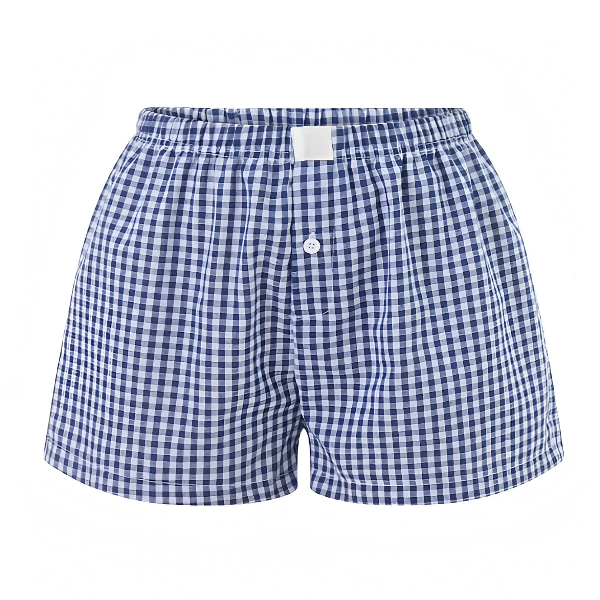 Navy Blue & White Gingham Checkered Print Low-Rise Linen Shorts