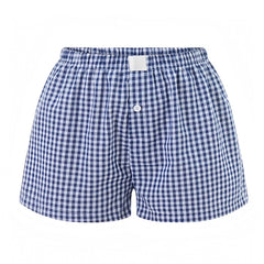 Navy Blue & White Gingham Checkered Print Low-Rise Linen Shorts
