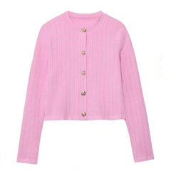 Light Pink Knit Button-Down Cardigan Crop Sweater