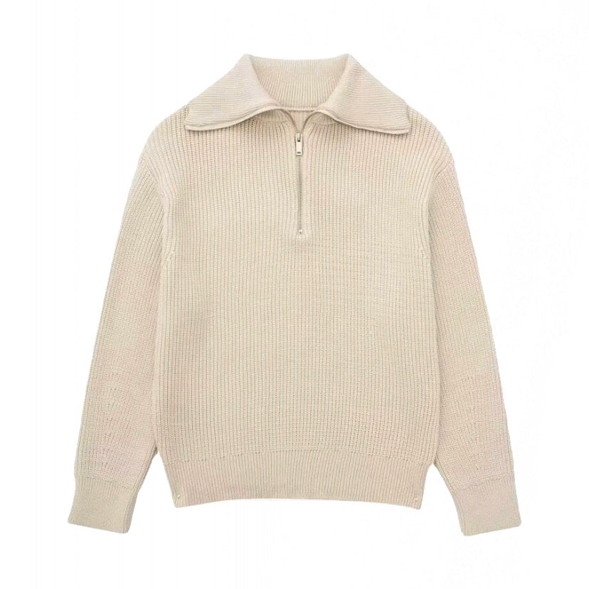 Light Khaki Knit Half Zip Sweater