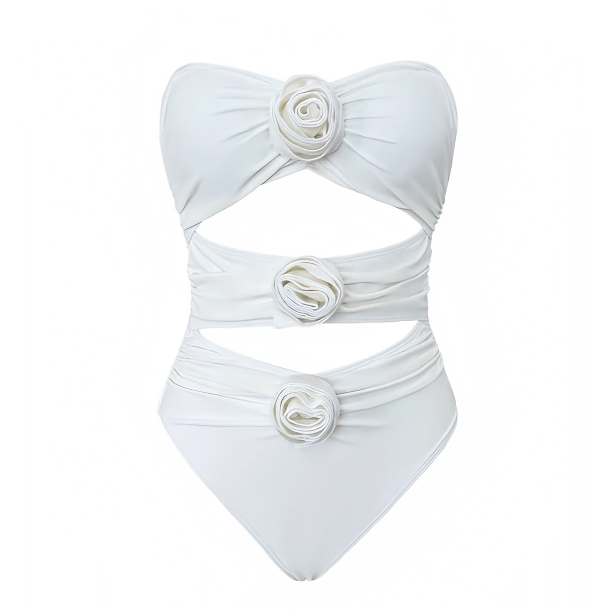 White Rose Cut Out Strapless Bandeau One Piece Swimsuit