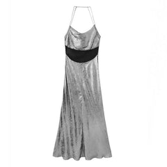 Light Silver Metallic Spaghetti Strap Halter Midi Dress