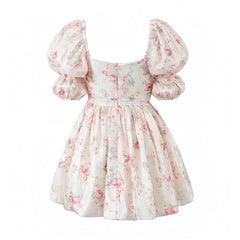 Light Pink Peony Floral Print Puff Sleeve Babydoll Mini Dress