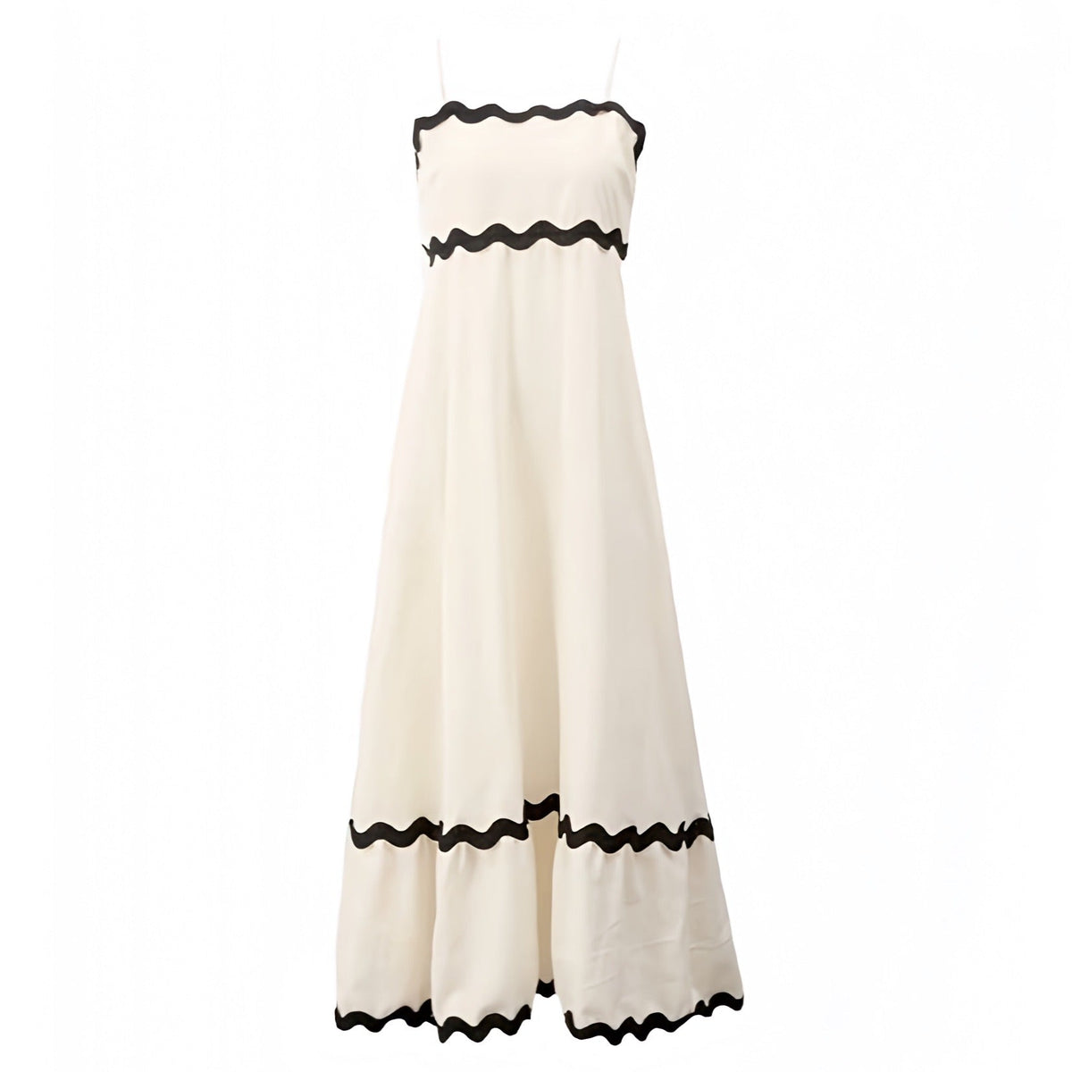 Ivory White & Black Trim Contrast Spaghetti Strap Linen Maxi Dress