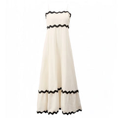 Ivory White & Black Trim Contrast Spaghetti Strap Linen Maxi Dress