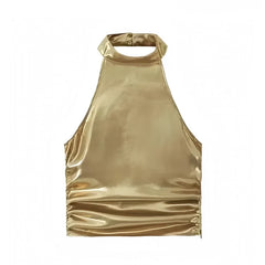 Gold Metallic Slim Fit Backless Halter Crop Tank Top