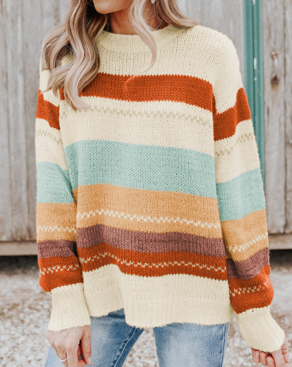 Colorblock Stripe Crew Neck Sweater