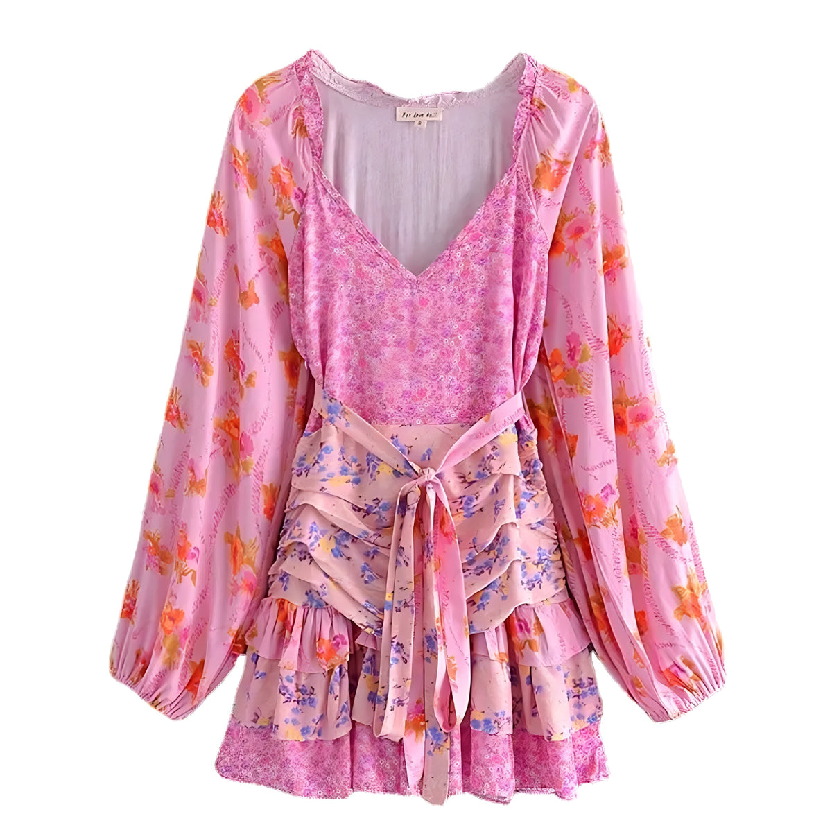 Hot Pink Multi-Color Floral Print Layered Ruffle Long Puff Sleeve Mini Dress