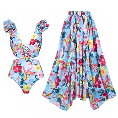 Curacao Floral Print Cut-Out Ruffle Trim One Piece Swimsuit & Cover Skirt