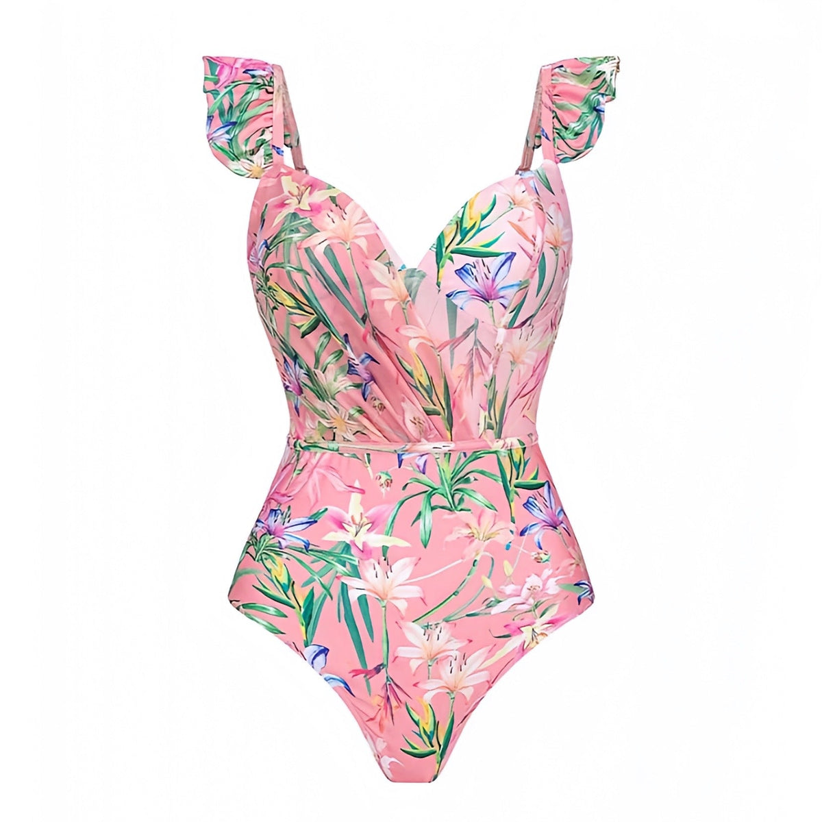 Florida Keys Light Pink Floral Print Ruffle Trim Spaghetti Strap One Piece Swimsuit