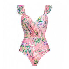 Florida Keys Light Pink Floral Print Ruffle Trim Spaghetti Strap One Piece Swimsuit