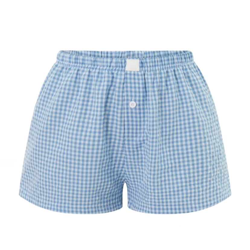 Light Blue & White Gingham Checkered Print Low-Rise Linen Shorts