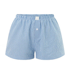 Light Blue & White Gingham Checkered Print Low-Rise Linen Shorts