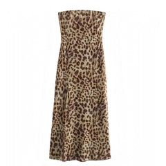 Leopard Print Slim Fit Bodycon Strapless Sleeveless Maxi Slip Dress
