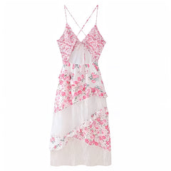 Light Pink Floral Print Bodycon Lace Tiered Ruffle Spaghetti Strap Backless Maxi Dress