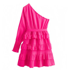 Hot Pink Layered Ruffle Asymmetric One-Shoulder Long Sleeve Mini Dress