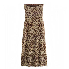 Leopard Print Slim Fit Bodycon Strapless Sleeveless Maxi Slip Dress