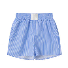 Blue & White Striped Seersucker Mid-Rise Linen Shorts