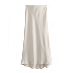 Ivory Satin Low Rise Midi Skirt