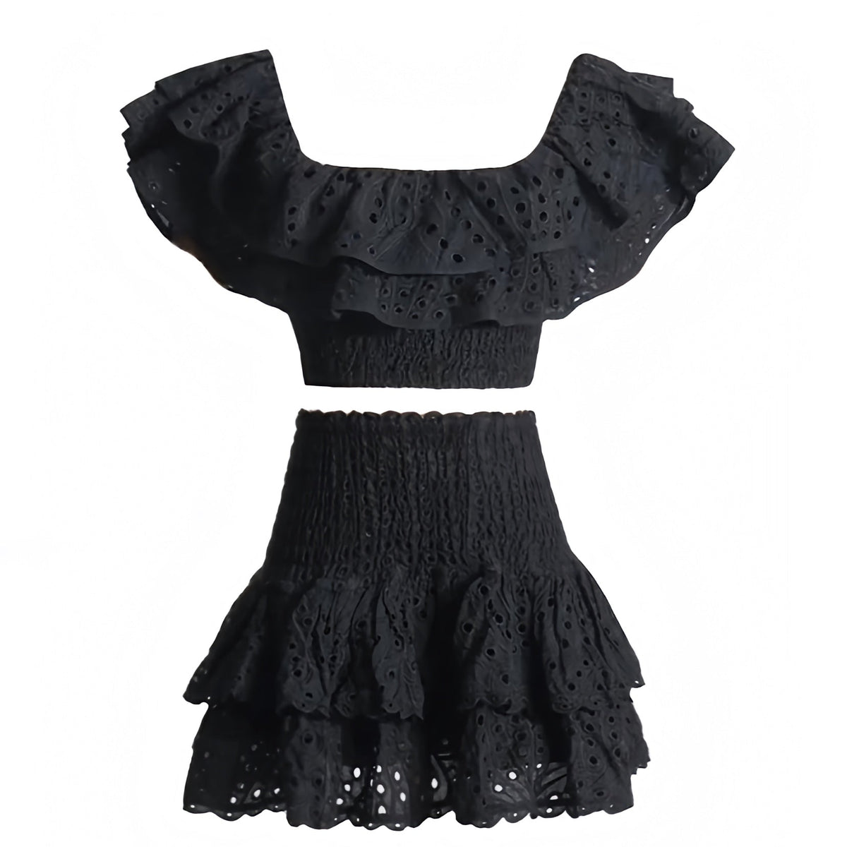 Black Eyelet Embroidered Layered Ruffle Smocked Off Shoulder Top & Mini Skirt Dress Set
