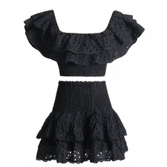 Black Eyelet Embroidered Layered Ruffle Smocked Off Shoulder Top & Mini Skirt Dress Set