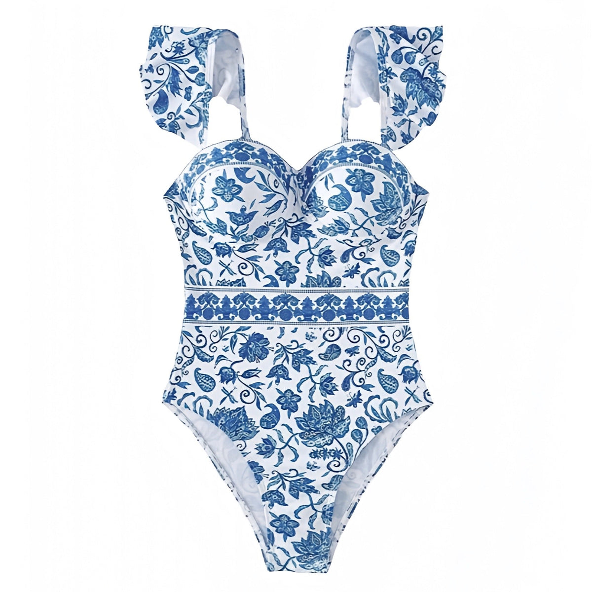 Mykonos Dark Blue Floral Print Ruffle Sleeve Underwire One Piece Swimsuit