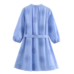 Light Blue Eyelet Embroidered V-Neck Long Puff Sleeve Linen Mini Dress