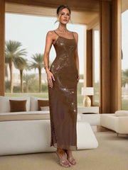 Shine Bright at Summer Events in this Elegant Mid-Length Sequined Mesh Dress