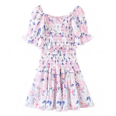 Anabelle Light Pink Floral Print Smocked Layered Ruffle Puff Sleeve Mini Dress