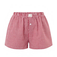 Cherry Red & White Gingham Checkered Print Low-Rise Linen Shorts