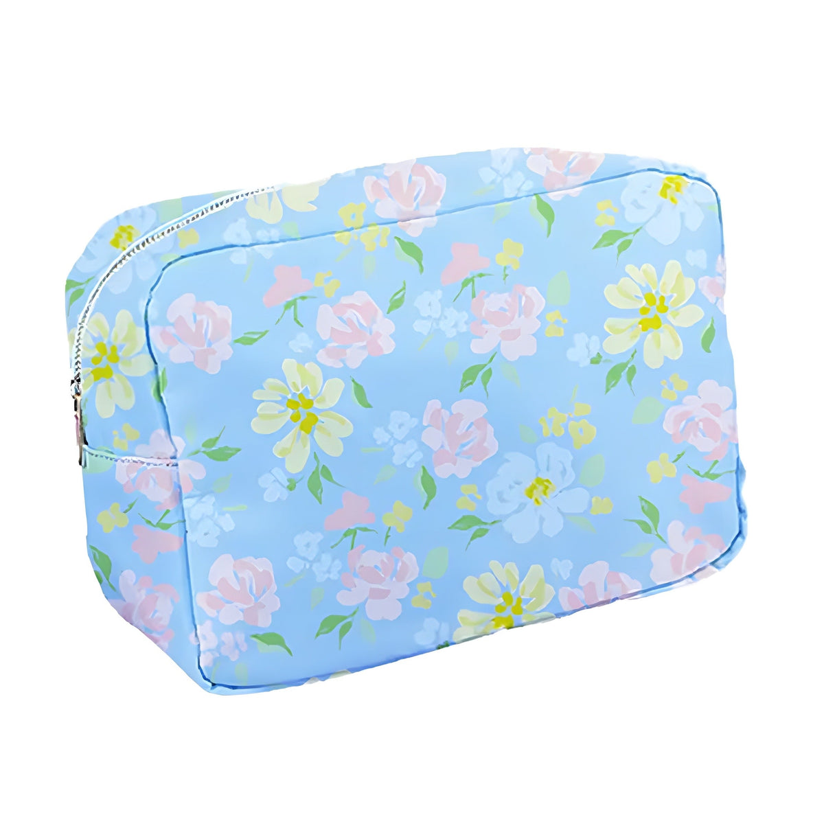 Large Light Blue Tropical Flower Print Makeup Bag
