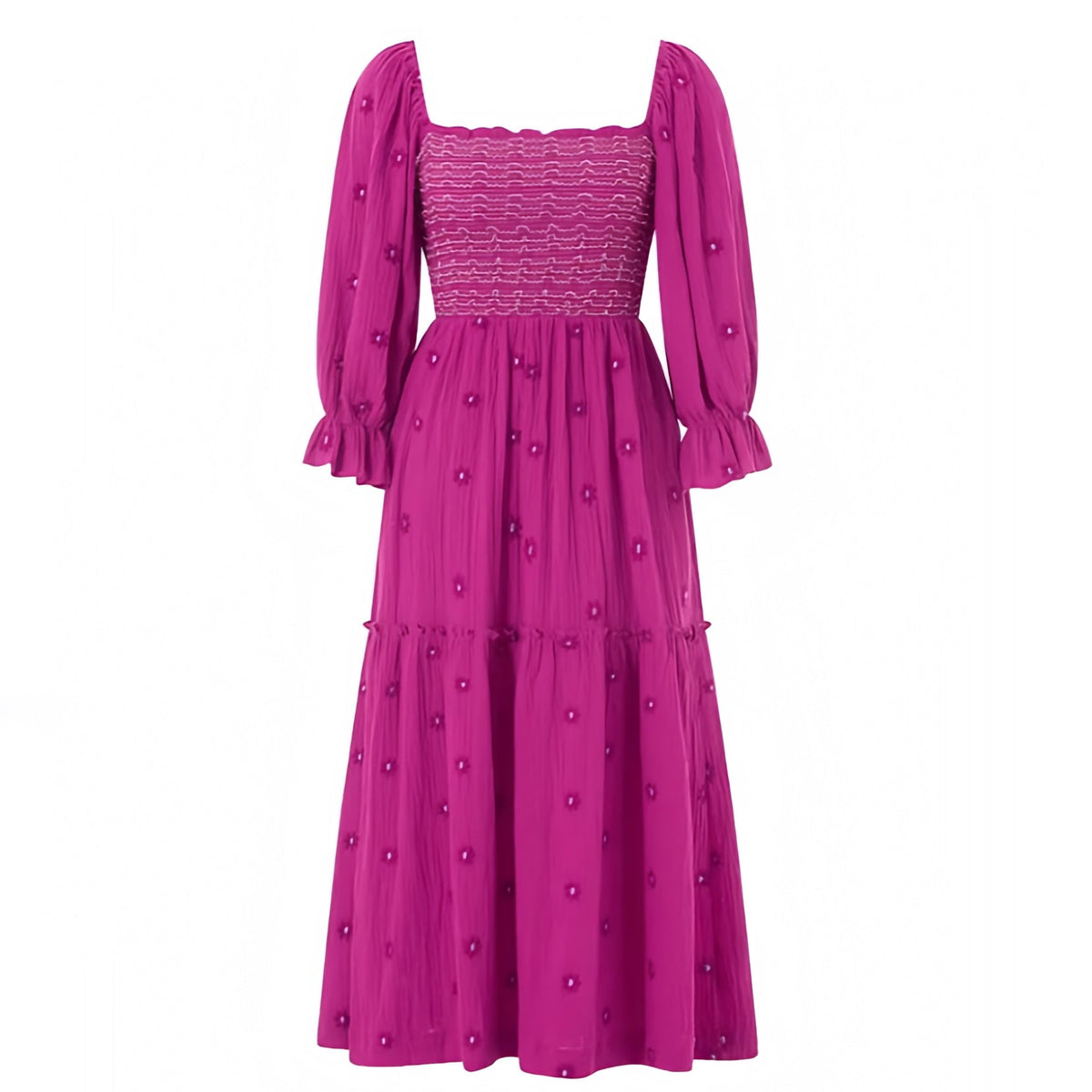 Magenta Floral Eyelet Embroidered Smocked Long Puff Sleeve Tiered Linen Maxi Dress