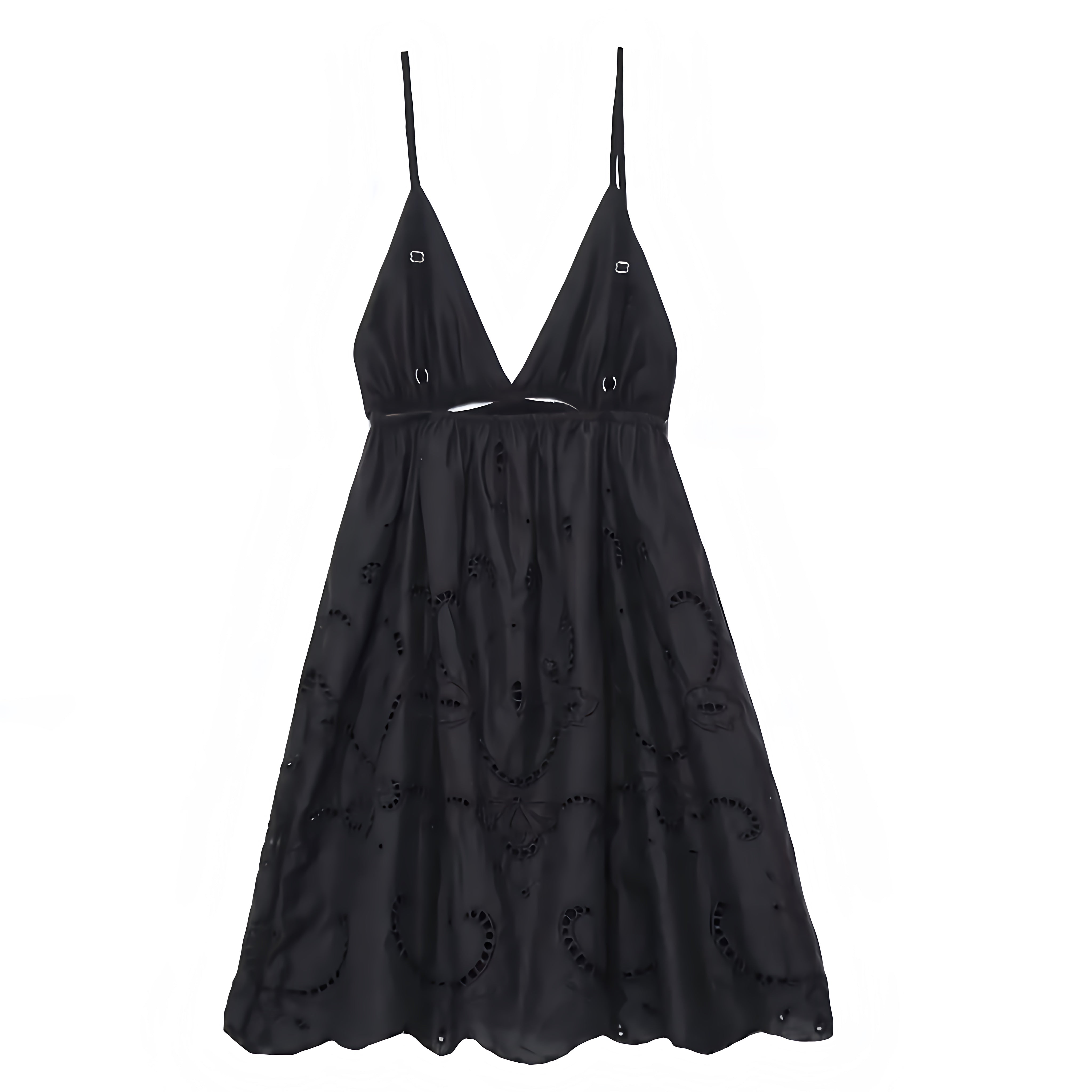 Black Eyelet Embroidered Slim Fit V-Neck Spaghetti Strap Backless Mini Dress