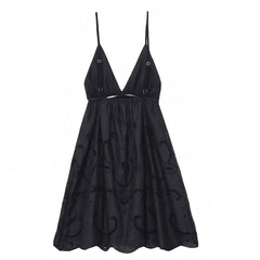 Black Eyelet Embroidered Slim Fit V-Neck Spaghetti Strap Backless Mini Dress