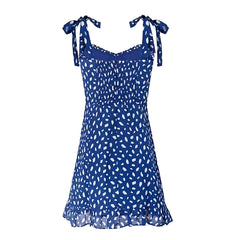 Navy Blue & White Patterned Bodycon Ruffle Trim Spaghetti Strap Mini Dress